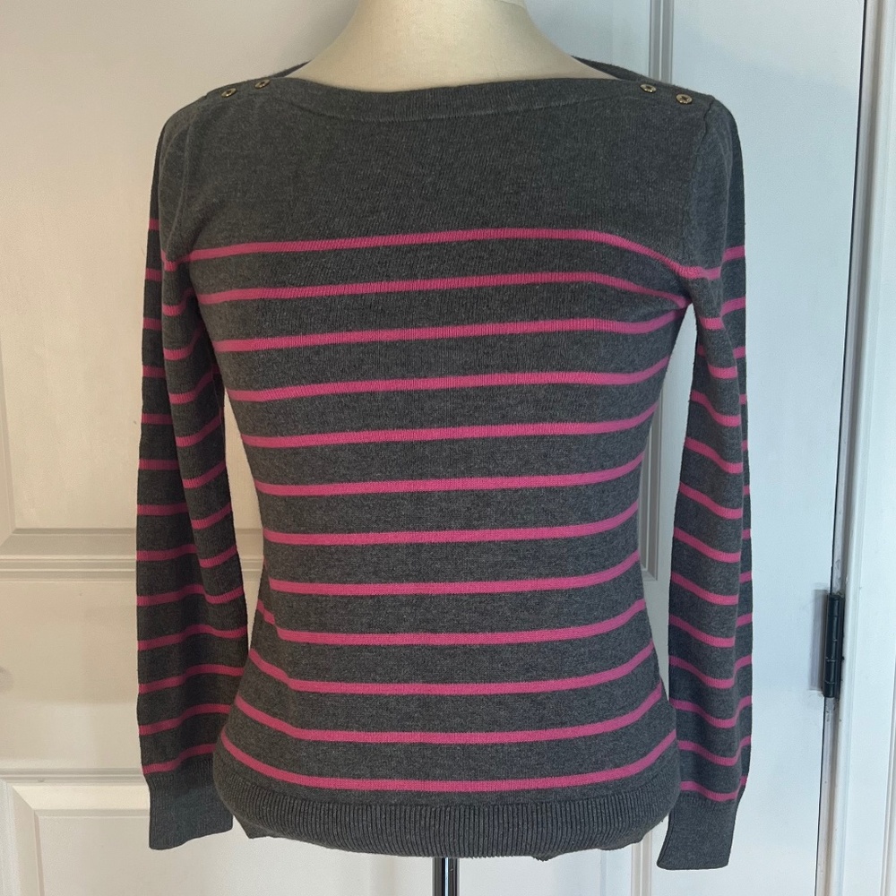 Tommy Hilfiger, Size S/P, Button on Shoulder, Gray & Pink Striped Sweater